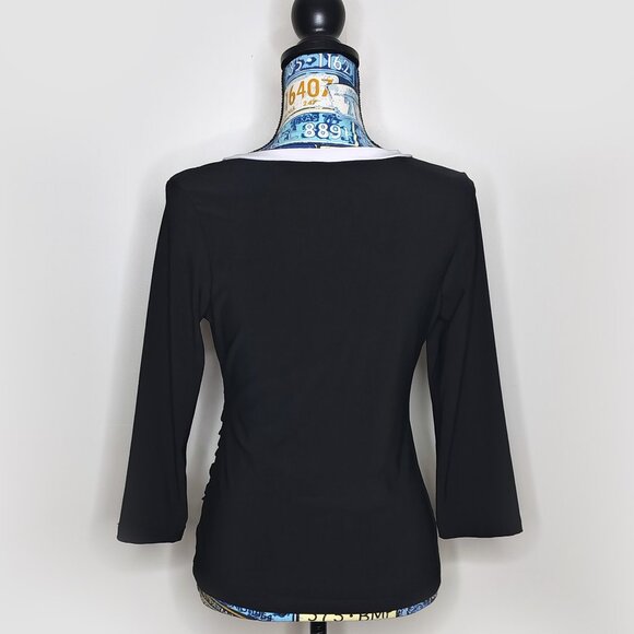 WHITE HOUSE BLACK MARKET Faux Wrap Crossover Top Y2K V-Neck 3/4 Sleeves Black M - Picture 5 of 7